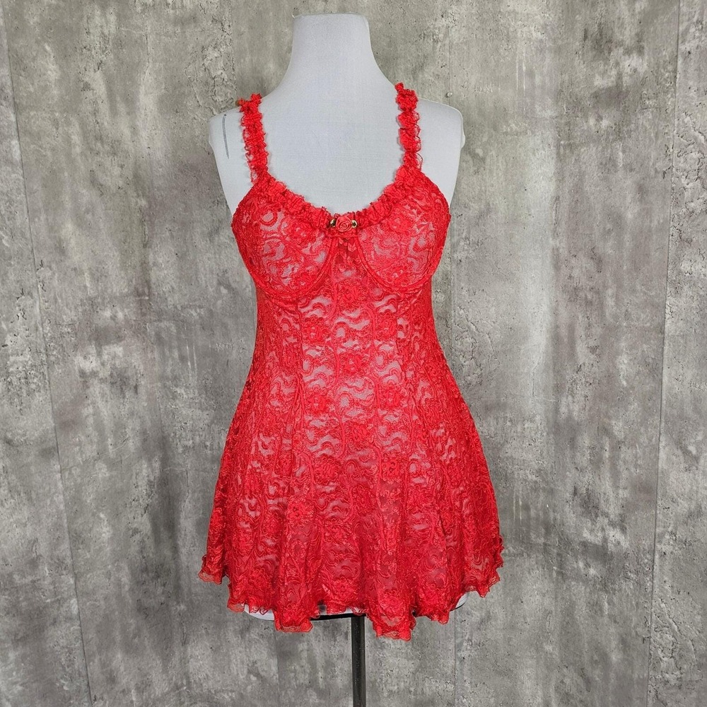 Vintage 90s Inner Most Red Lace‎ Babydoll Chemise Sexy Lingerie Ruffle Trim